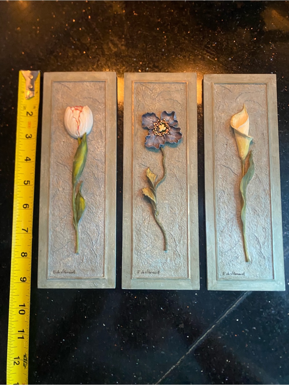 Vintage Lot of 3 Fabrice de Villeneuve 3D Flower Wall Plaques